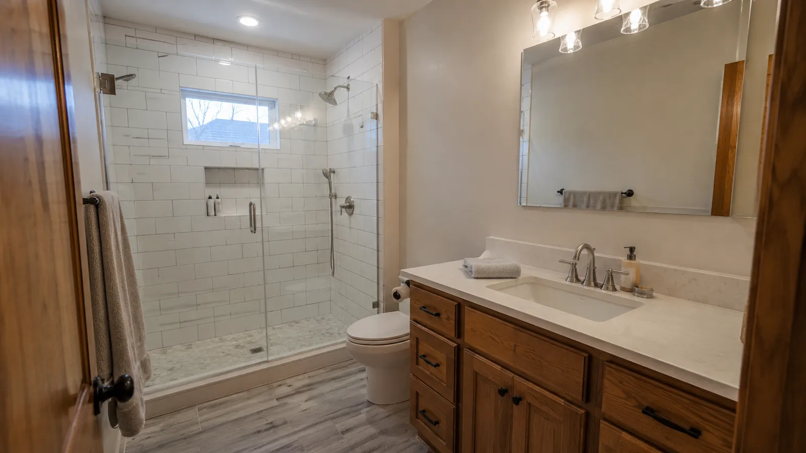 Bathroom remodel with tiled walk-in shower